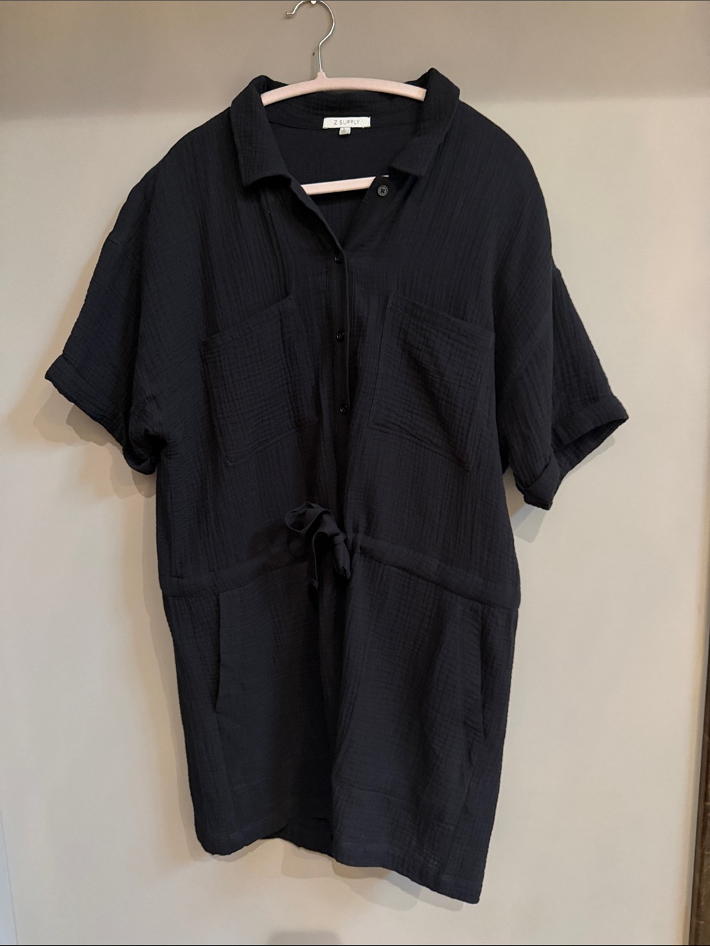 Z Supply Black Short-Sleeve Button Front Drawstring Romper